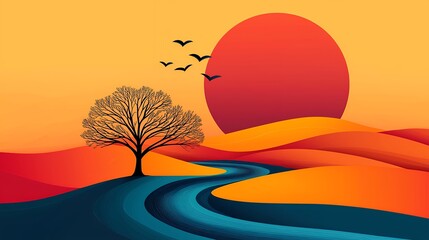 Serene Sunset Landscape Meandering River, Barren Tree, and Vibrant Sky