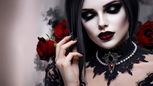 Close-up of a woman with a gothic style, with pale skin and dark, dramatic makeup, wearing an intricate black lace outfit and a detailed, ornate choker necklace