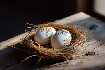 Obraz premium Floral decorated eggs in nest.