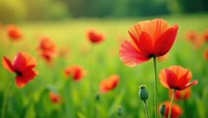 Obraz premium Soft pink petals of red poppies sway gently in the breeze amidst lush green grass, landscape, flowers