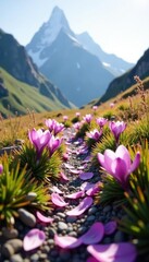 Obraz premium Soft pink petals of crocuses blanket the mountain path, serene landscape, gentle morning