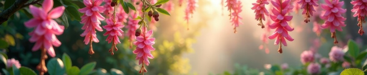 Fototapeta premium Soft pink petals unfurl like clouds in the air, whimsical woods, hanging flower installation