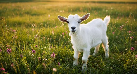 Obraz premium White baby goat standing in green meadow with wildflowers at sunset. Cute farm animal in nature. Rural livestock scene. Agriculture and sustainable farming concept