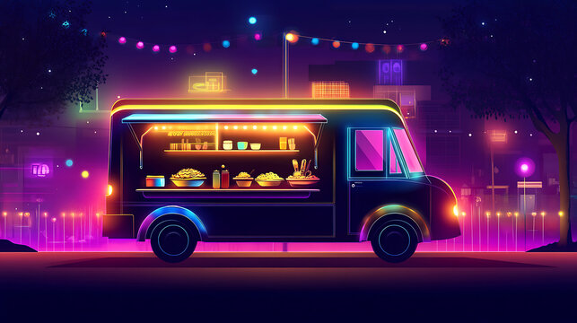 Vibrant food truck illuminated at night, serving delicious street food in a lively urban setting