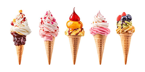 Collection of five assorted soft serve ice cream cones with colorful toppings presented as a summer dessert menu promotion, isolated on transparent