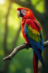Obraz premium Un par de loros se miran fijamente en un ?rbol alto, amor, animalia