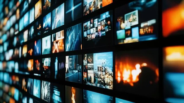A digital collage featuring a dynamic array of small, rectangular screens displaying various colorful images