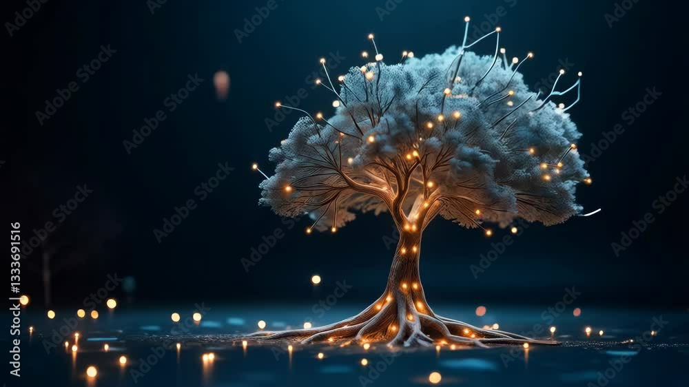 Poster a stylized tree composed of interconnected lines and nodes, resembling a neural network or data visu