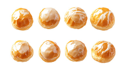 Eight golden glazed puff pastry balls with white icing drizzle are displayed for pastry shop promotions isolated on a transparent background.
