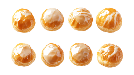 Eight golden glazed puff pastry balls with white icing drizzle are displayed for pastry shop promotions isolated on a transparent background.