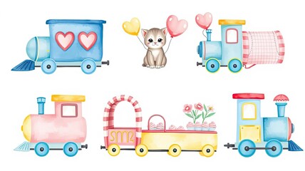 Adorable Watercolor Trains Cute Kitty Balloons Childrens Illustration