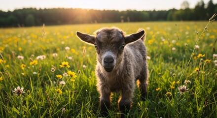 Obraz premium Baby goat in blooming meadow at sunset. Farm animal in wildflower field. Sustainable agriculture and local food concept. Rural scene with livestock and nature