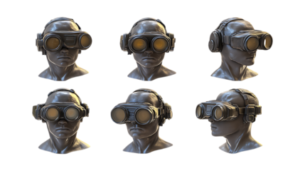 Six abstract sculptural heads wearing futuristic goggles or night vision devices are displayed in various orientations isolated on a transparent