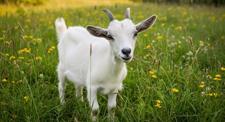 Obraz premium Young white goat standing in green meadow with yellow wildflowers. Farm animal in natural habitat. Sustainable agriculture and local food concept. Rural scenery.