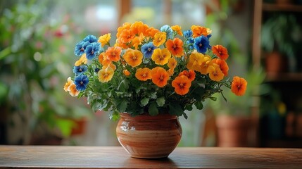 Vibrant colorful pansies in a rustic pot