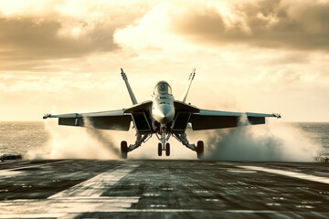 Fototapeta premium Fighter jet ascends from aircraft carrier deck, showcasing powerful takeoff against dramatic coastal backdrop