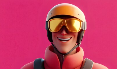 Smiling Man in Orange Helmet and Gold Goggles Against Pink Background
