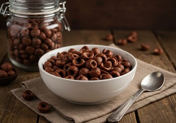 A bowl of chocolate cereal rings with a jar and a spoon on a wooden table and beige napkin