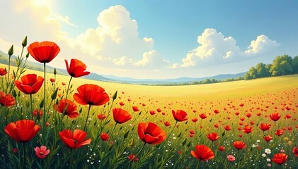 Fototapeta premium Sunlit poppies in a field of wildflowers painting, blooms, bright