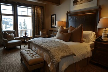 Serene Mountain View Bedroom: Luxurious Bedding, Elegant Decor, and Tranquil Atmosphere with a Cozy Armchair and Side Table, Creating a Peaceful Retreat for Relaxation and Rejuvenation.