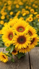 Naklejka premium A bouquet of bright yellow sunflowers on a wooden table, flower field, flowers