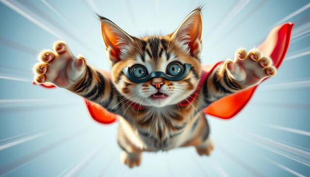 Super-cute tabby cat superhero in dynamic flight, paws outstretched, supercat, artwork