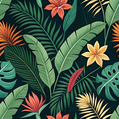 A seamless pattern filled with exotic jungle plants.