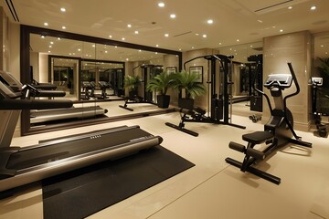 Modern Home Gym Design: Treadmills, Elliptical Trainers, and Weight Machines in a Luxurious Fitness Room with Mirrors and Plants, Creating a Serene Atmosphere for a Personalized Workout Experience.
