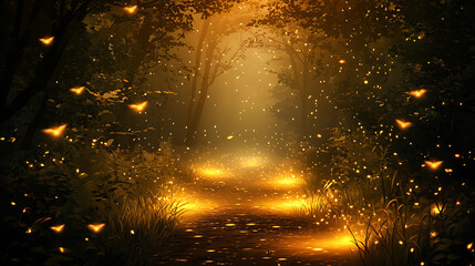 Enchanted forest path illuminated by glowing lights with butterflies fluttering in twilight