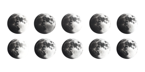 Ten distinct lunar phases show the progression across the sky isolated against a plain transparent background suitable for educational use.