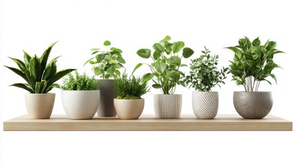 Fototapeta premium Wooden shelves display various houseplants in pots, isolated on a white background.