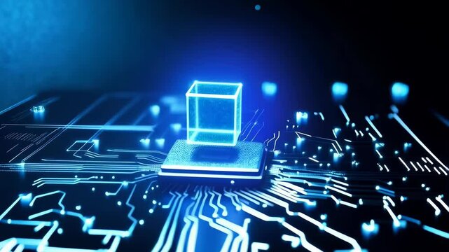 A futuristic, high tech scene featuring a central glowing cube, suspended above a circuit platform. Artificial intelligence and advanced technology concept.