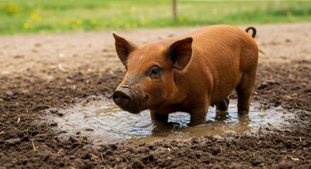 Fototapeta premium Cute piglet standing in muddy puddle on farm. Sustainable agriculture and animal husbandry concept. Domestic livestock in natural habitat. Rural scene with copy space