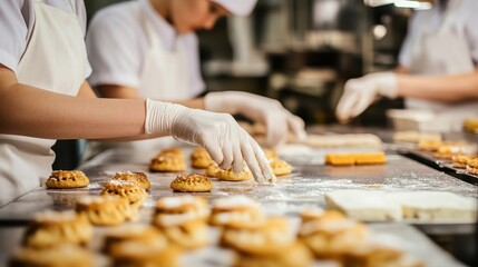 Workers are engaged in the process of making cakes in a biscuit manufacturing factory, illustrating the food industry and cake production.