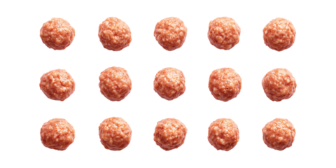 Fifteen cooked ground meat spheres arranged neatly in a grid pattern for advertising food recipes isolated on transparent background.