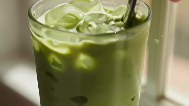 Iced Matcha Latte Close-Up Stirring