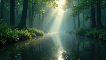 Obraz premium Dewy pond surface reflected in the misty forest atmosphere, calm, forest