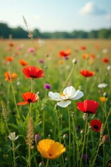 Field of mixed wildflowers including white mohn, mixed blooms, fields