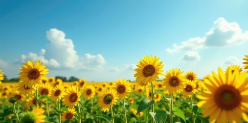 Fototapeta premium Field of sunflowers and daisies in shades of yellow and orange against a blue sky, field, natural