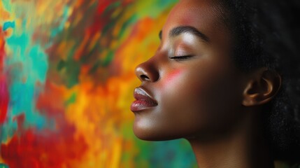 Young woman in deep thought, set against a vibrant background featuring creative artistic strokes, blending introspection with abstract artistry.