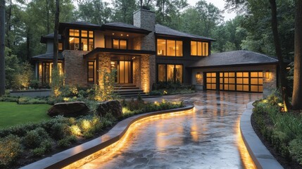 Elegant modern homes featuring LED lighting along the walkway illuminated in the evening glow