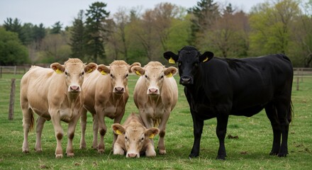 Mixed herd of cattle grazing in rural pasture. Dairy and beef farm animals. Sustainable agriculture, livestock breeding, and meat production concept. Spring countryside view.