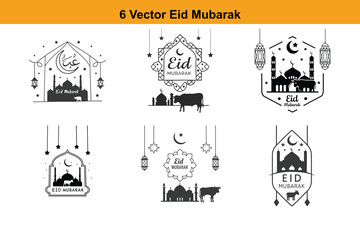 Eid Mubarak typography, Eid mubarak islamic greetings,Classic Eid Mubarak design in black and white featuring a mosque silhouette, crescent moon, stars,