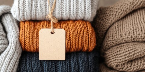 A cozy stack of knitted sweaters in various colors, featuring a blank tag for labeling.