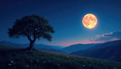 Fototapeta premium Luminous landscape with twisted trees under starry night sky, mystic, moon, landscape