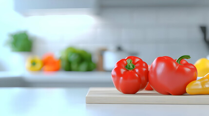 Freshly Cut Red Peppers on Wooden Board in Modern Kitchen Setting