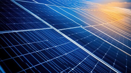 Power plant features solar panel array capturing sunlight, showcasing eco-friendly technology in renewable energy production against a clear blue sky.