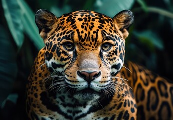 Fototapeta premium Close-Up Portrait of a Fierce Yet Majestic Jaguar Surrounded by Lush Greenery in a Tropical Environment