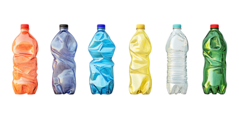 Six colorful plastic beverage bottles in various states of being crushed are shown in a row, isolated on a transparent background for recycling