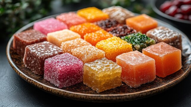 Delicious varieties of rahat lukum displayed in an elegant plate against a dark background